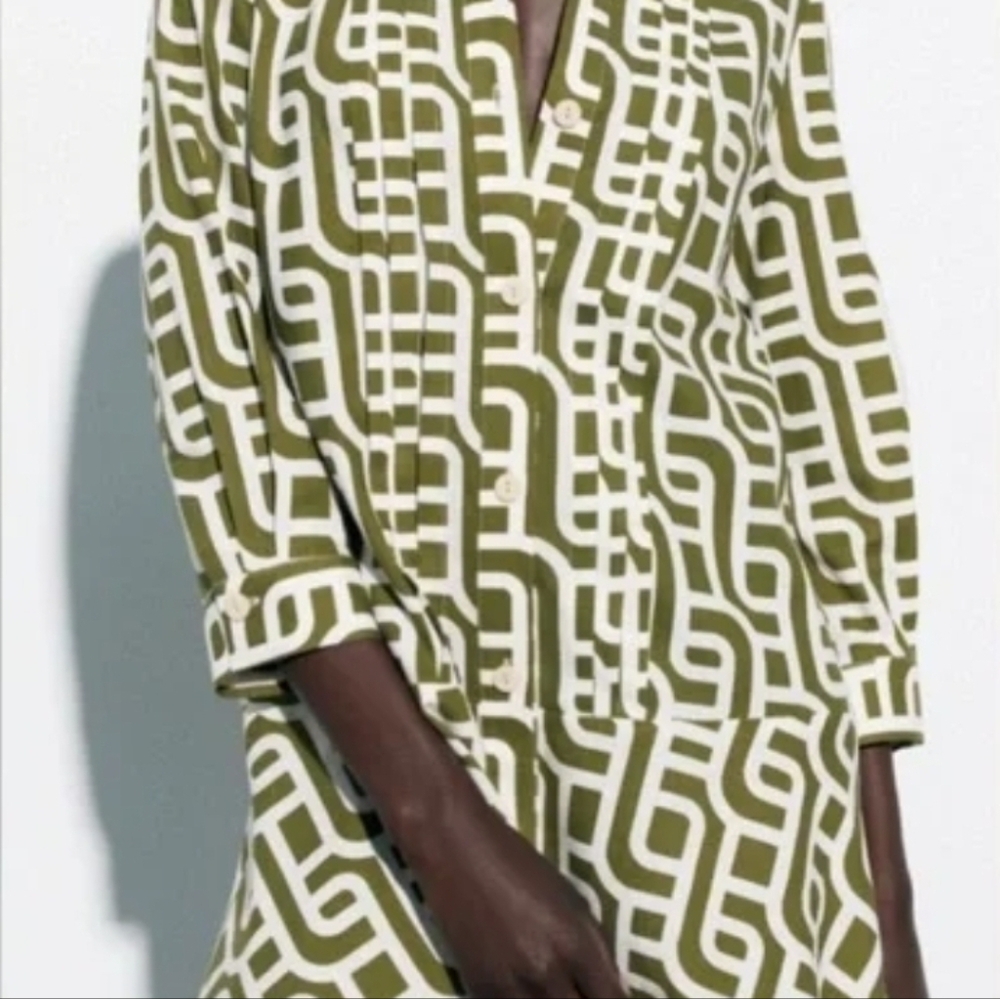 Zara linen blend geometric print collared Mini Dress Size Small - Picture 5 of 5
